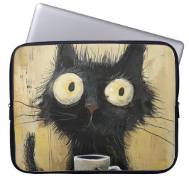 Frazzled Black Cat with Coffee on Grunge Brown ラップトップスリーブ