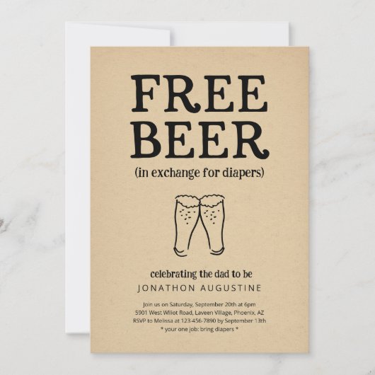 Free Beer Funny Diaper Party Invitation 招待状 (正面)