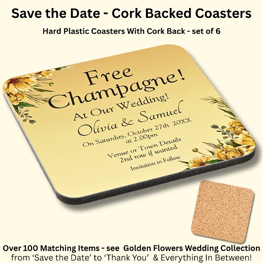Free Champagne Golden Yellow Flowers Cork Backed コースター
