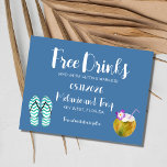 Free Drinksビーチ結婚式保存日 案内ポストカード<br><div class="desc">ビーチ結婚式の日付を「無料のドリンクおもしろい(そして私たちは結婚している」デザインに保存する。ブルータイポグラフィデザインと水彩ビーチサンダルとココナッツカクテル。</div>