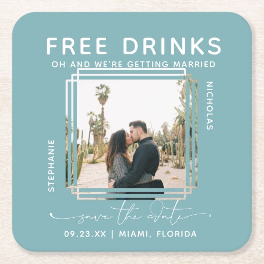 Free Drinks | フォト・セーブ・ザ・デート スクエアペーパーコースター (正面)