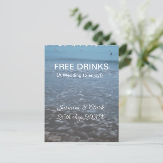 Free drinks save the date beach wedding add name  ポストカード (スタンド正面)