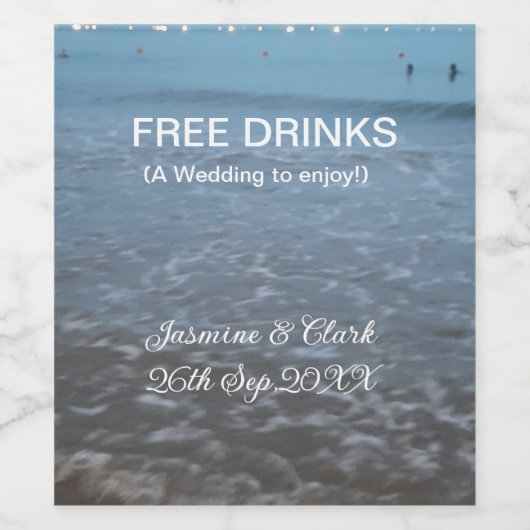 Free drinks save the date beach wedding add name  ワインラベル (シングルラベル)