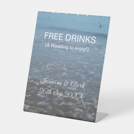 Free drinks save the date beach wedding add name  台座サイン (正面)