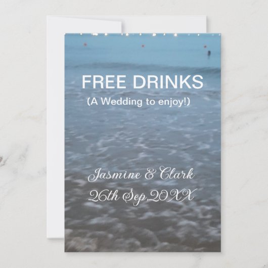 Free drinks save the date beach wedding add name  招待状 (正面)