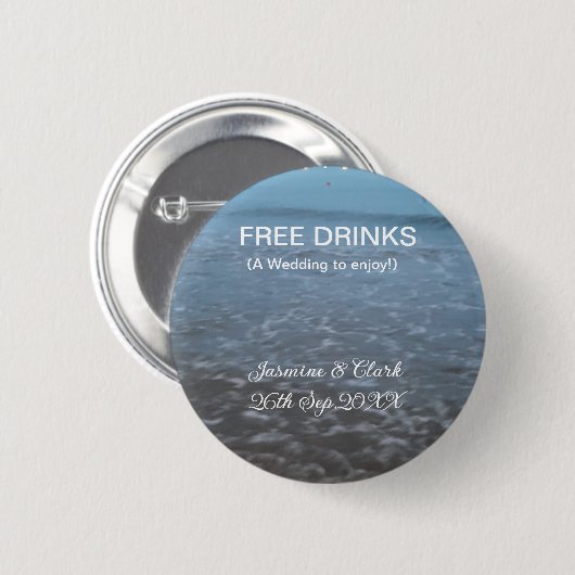 Free drinks save the date beach wedding add name  缶バッジ (正面&裏面)