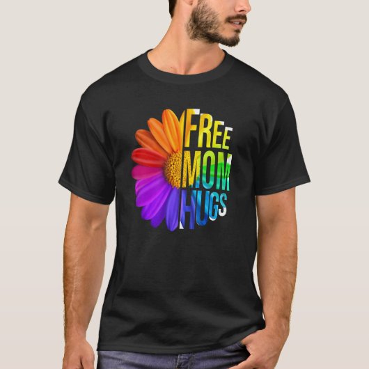 Free Mom Hugs Daisy Flower LGBT Rainbow Flag Gay L Tシャツ (正面)