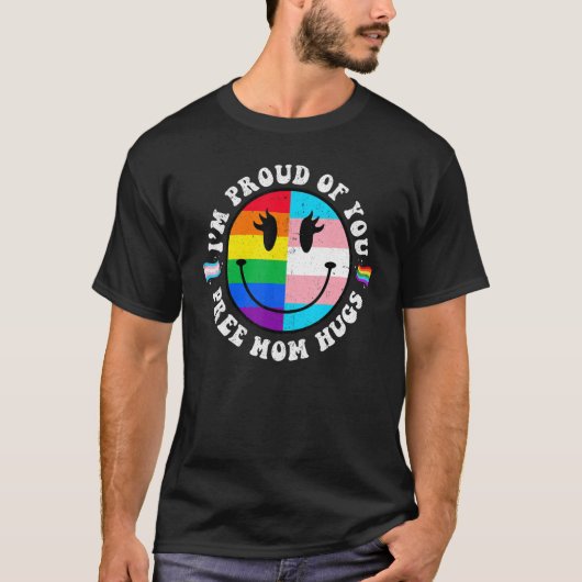 Free Mom Hugs Groovy Hippie Face LGBT Rainbow Tran Tシャツ (正面)