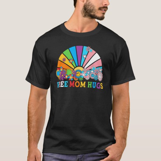 Free Mom Hugs Groovy Rainbow Heart LGBT Flag Pride Tシャツ (正面)