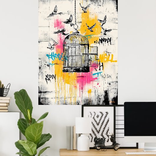 Freedom Birds – Graffiti Open Cage Urban Poster ポスター (ホームオフィス)