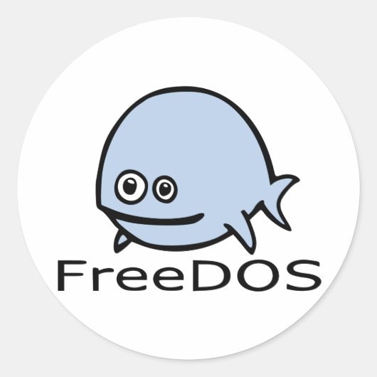 FreeDos Fish – 名前と青 ラウンドシール (正面)