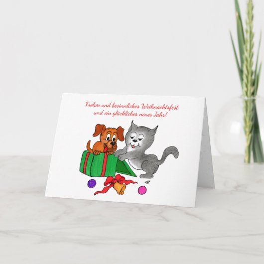 Frehliche Weihnachen, Hund und Katze auf Deutsch シーズンカード (正面)