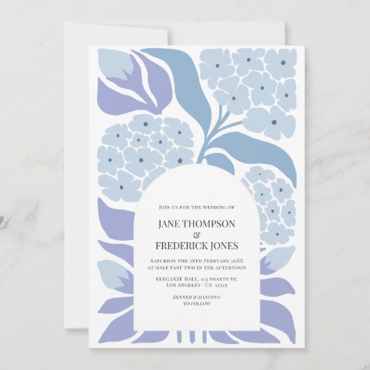 French Blue Abstract Floral Modern Spring Wedding 招待状 (正面)