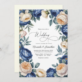 French Blue and Ivory Watercolor Floral Wedding 招待状