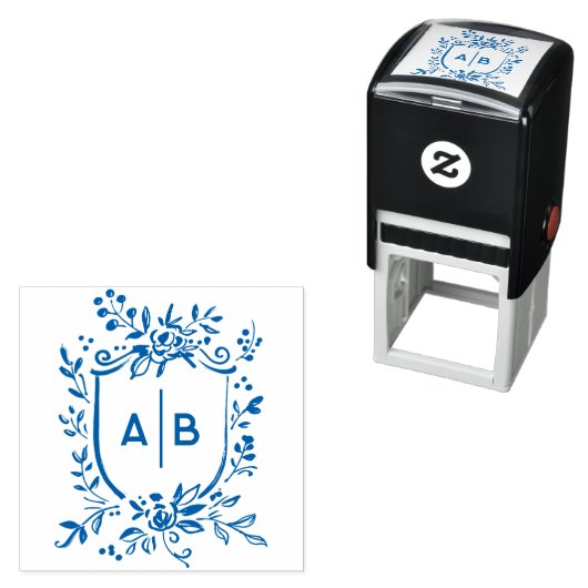 French Blue Botanical Crest Wedding Monogram セルフインキングスタンプ (インサイチュ)