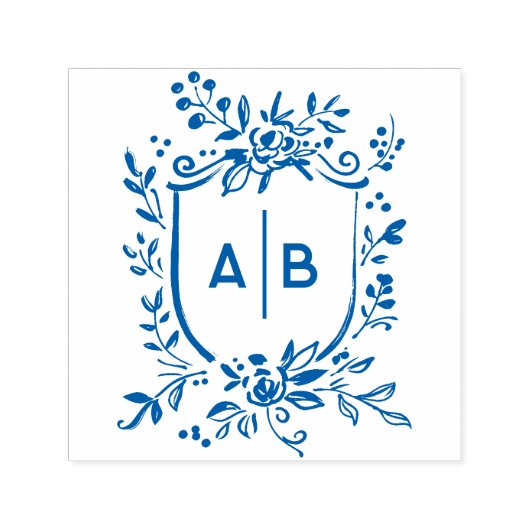 French Blue Botanical Crest Wedding Monogram セルフインキングスタンプ (デザイン)