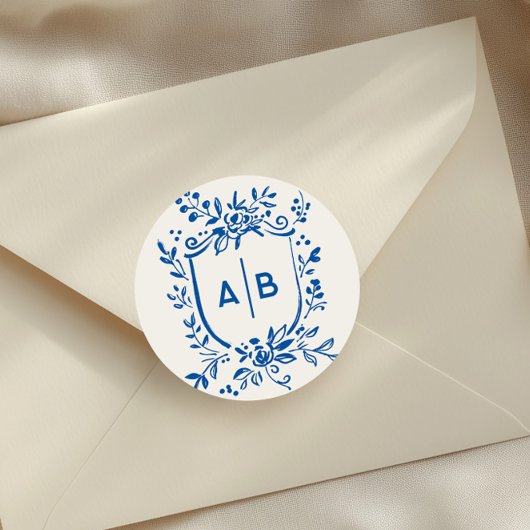 French Blue Botanical Crest Wedding Monogram ラウンドシール