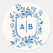French Blue Botanical Crest Wedding Monogram ラウンドシール (正面)
