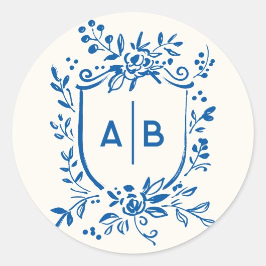 French Blue Botanical Crest Wedding Monogram ラウンドシール (正面)