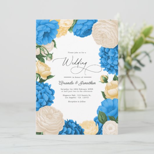 French Blue/Buttercream & Soft Gold Floral Wedding 招待状 (スタンド正面)