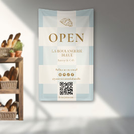 French Blue Checkered Croissant QR Bakery Display 横断幕