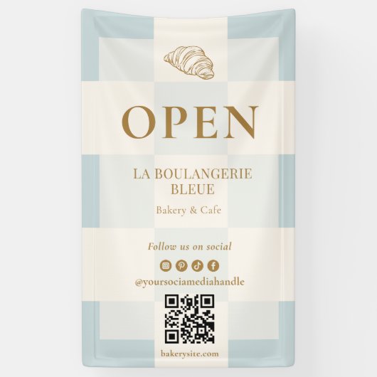 French Blue Checkered Croissant QR Bakery Display 横断幕 (縦)
