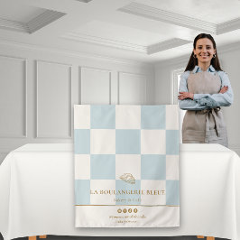 French Blue Checkers Croissant Bakery Table Runner タペストリー