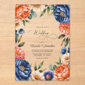 French Blue, Coral, and Sand Beige Floral Wedding アクリル招待状 (正面)