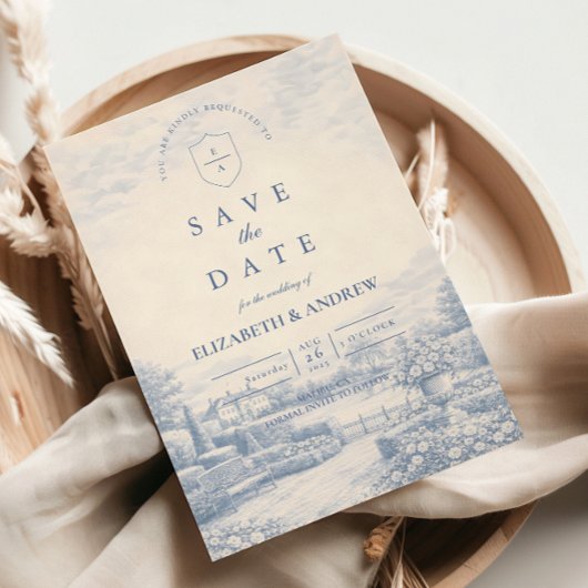 French Blue Countryside Toile Wedding セーブザデート