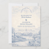 French Blue Countryside Toile Wedding 招待状 (正面)