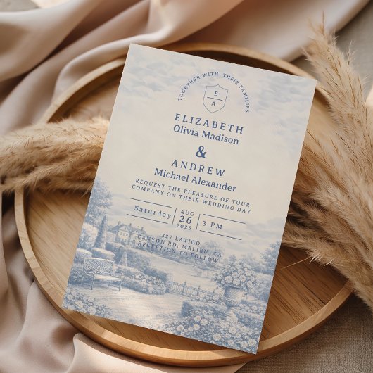 French Blue Countryside Toile Wedding 招待状
