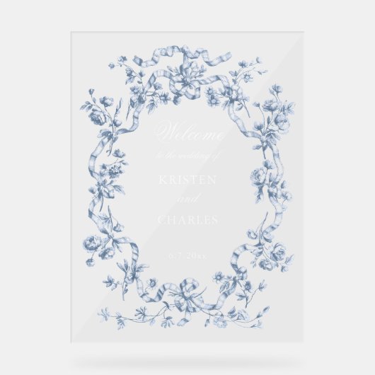 French Blue Flowers & Ribbons Wedding Welcome アクリルサイン (正面)