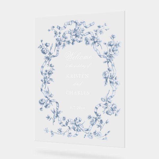  French Blue Flowers & Ribbons Wedding Welcome アクリルサイン (傾斜)