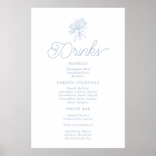 French Blue Hydrangea Drinks Menu Sign ポスター (正面)