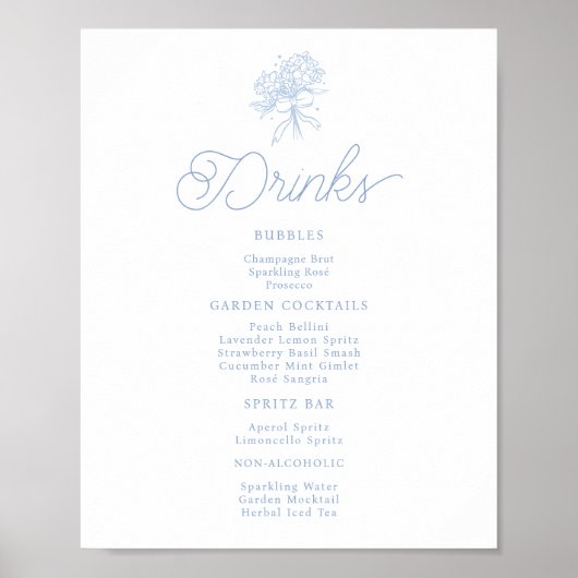 French Blue Hydrangea Drinks Menu Table Sign ポスター (正面)