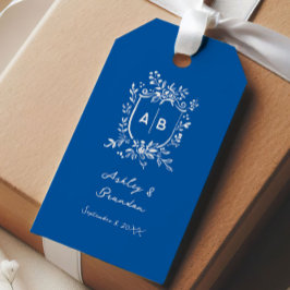 French Blue Monogram Crest Old World Wedding ギフトタグ