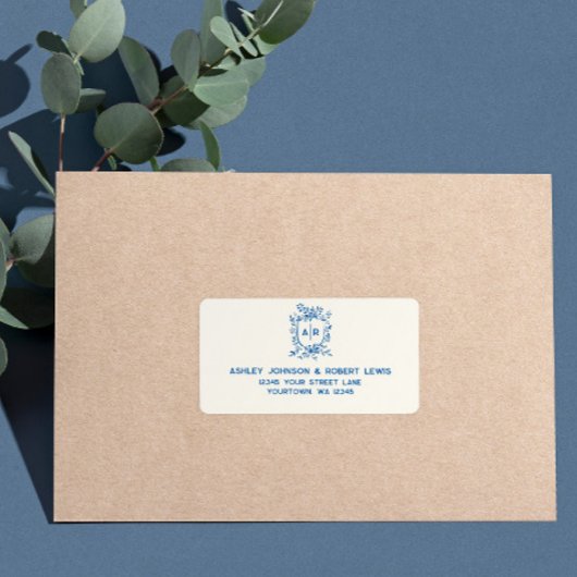French Blue Monogram Crest Wedding RSVP Address ラベル