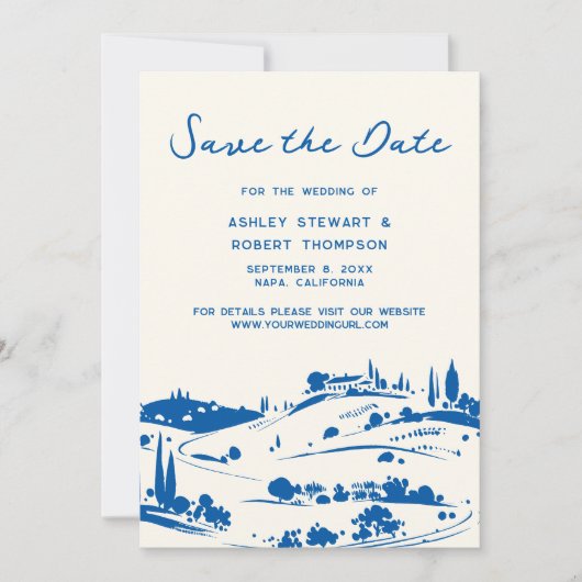 French Blue Pastoral Countryside Save the Date 招待状 (正面)