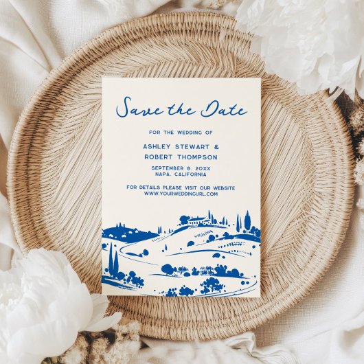 French Blue Pastoral Countryside Save the Date 招待状