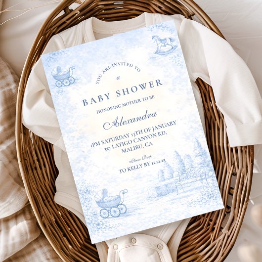French Blue Toile Baby Shower 招待状