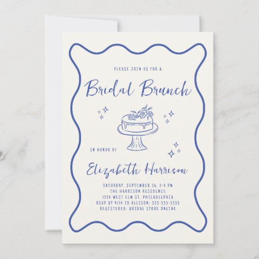 French Blue Wavy Frame Cream Bridal Brunch Shower 招待状 (正面)