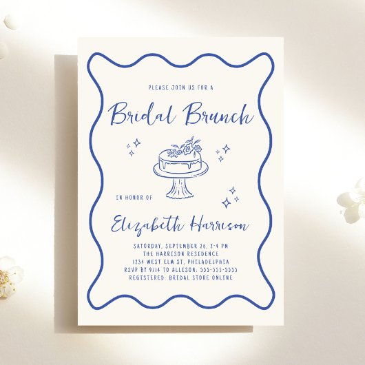 French Blue Wavy Frame Cream Bridal Brunch Shower 招待状