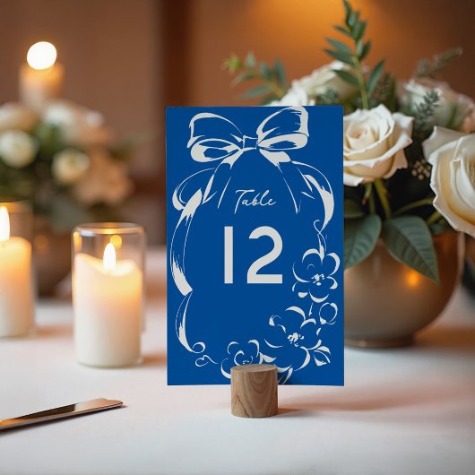 French Blue Whimsical Bow and Floral Frame Wedding テーブルナンバー
