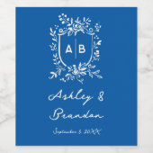French Blue Whimsical Floral Monogram Crest  ワインラベル (シングルラベル)