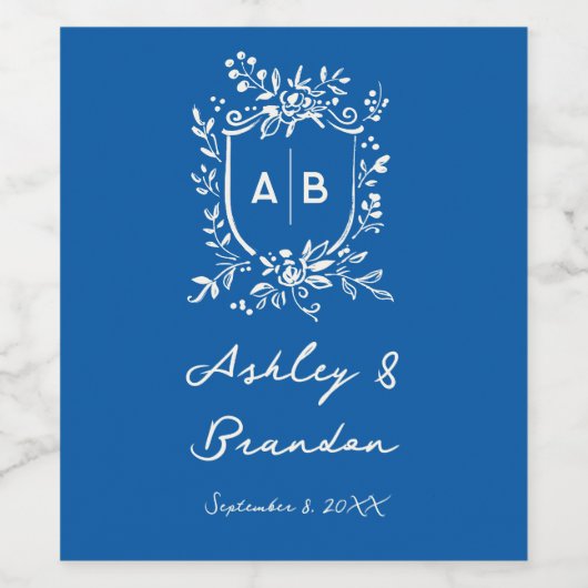 French Blue Whimsical Floral Monogram Crest  ワインラベル (シングルラベル)