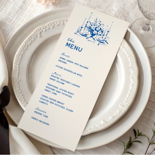French Blue Whimsical Hand Drawn Wedding Dinner メニュー