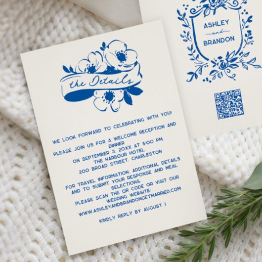 French Blue Whimsical Ribbon Crest Wedding  エンクロージャーカード