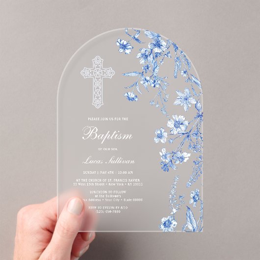 French Blue Wildflowers Arch Baptism アクリル招待状 (インサイチュ (ポータブル))