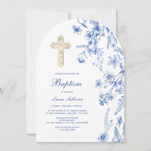 French Blue Wildflowers Arch Baptism 招待状 (正面)