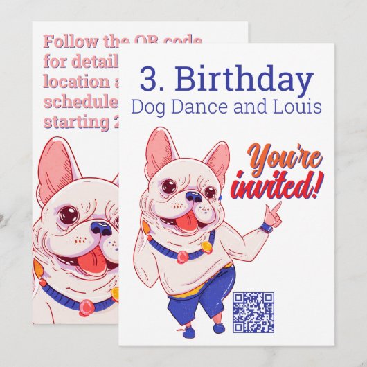 French Bulldog 3. Birthday Invitation  招待状 (正面/裏面)